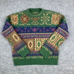 ROMWE Sweater Womens Small Green Multicolor Aztec Print Knit Crewneck